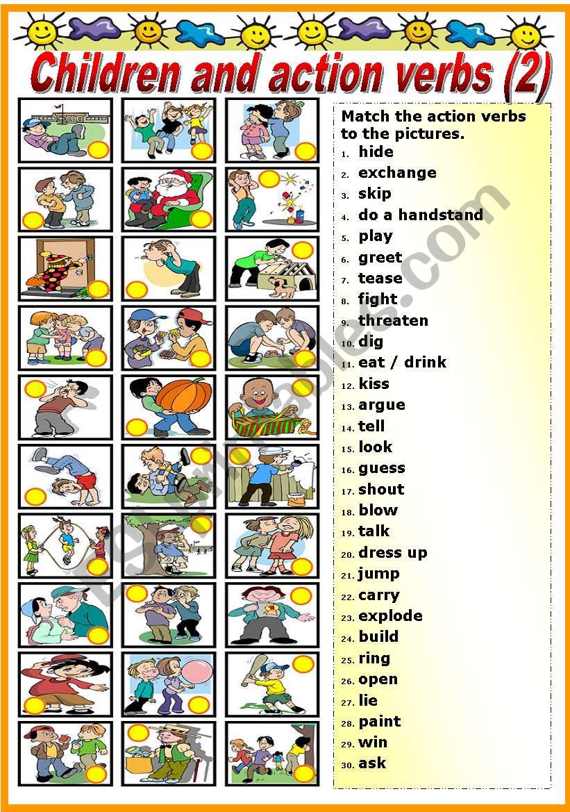 CHILDREN AND ACTION VERBS - MATCHING 2-2 (B&W VERSION INCLUDED) - ESL  worksheet by Katiana