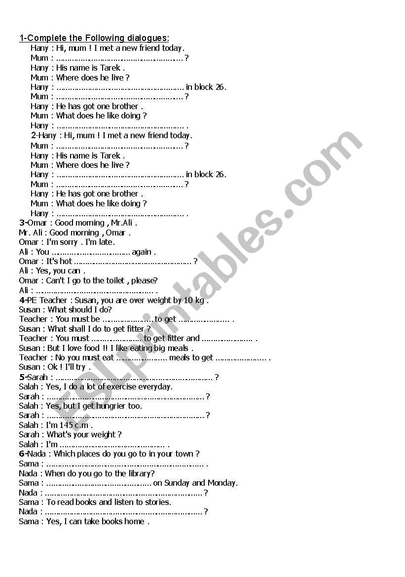 dialouges worksheet