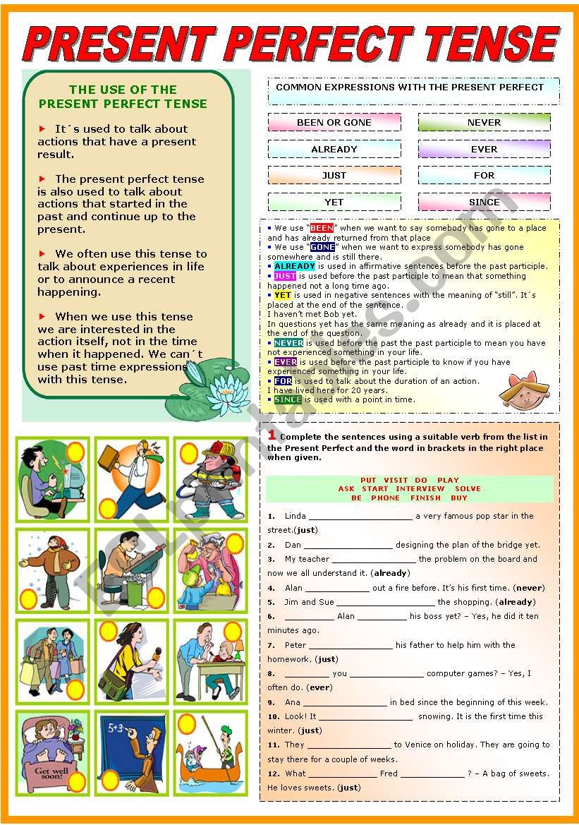 THE PRESENT PERFECT TENSE GRAMMAR AND EXERCISES TWO PAGES ESL 