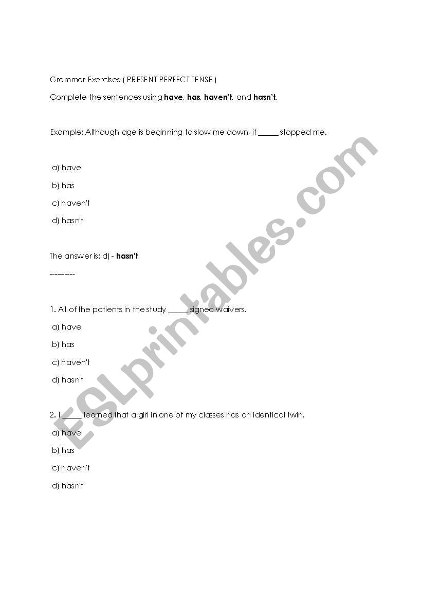 PRESENT PERFECT TENSE worksheet