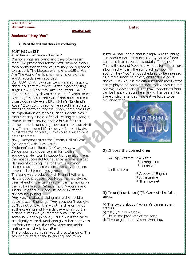 Hey you Madonna´s song worksheet