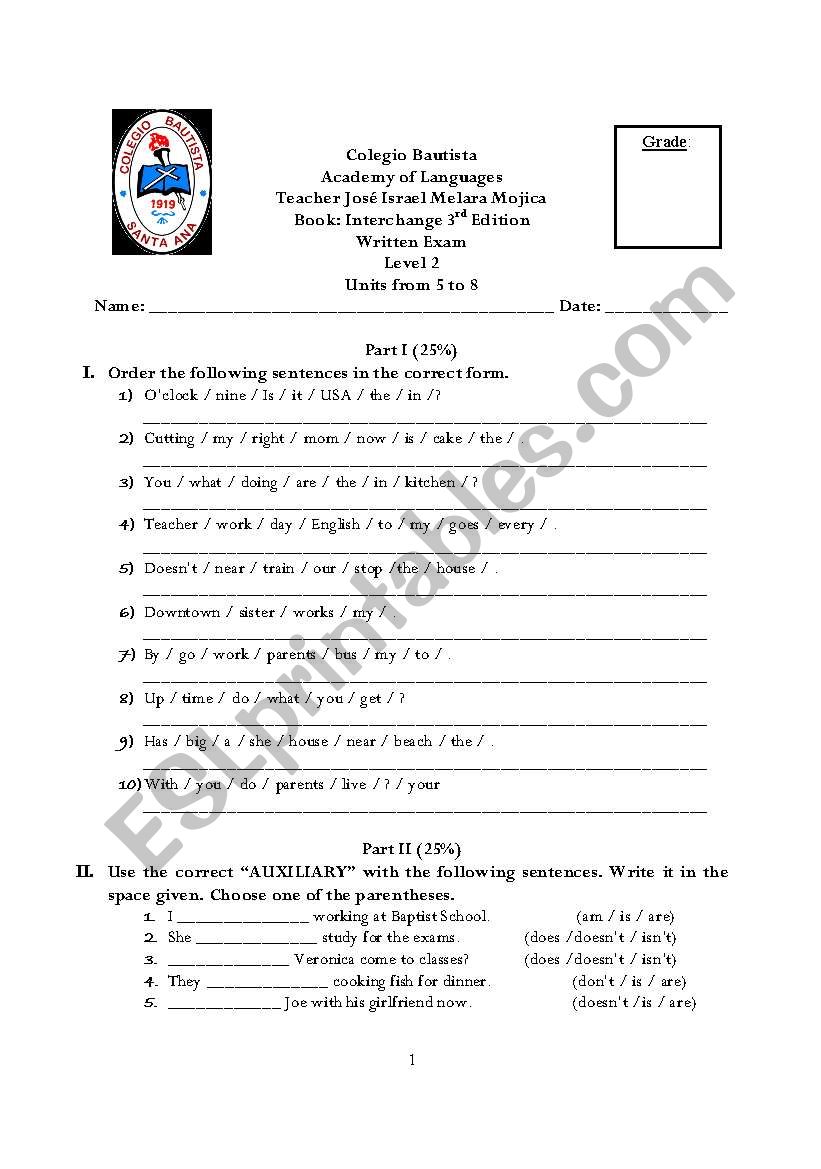 written test for level 2  worksheet