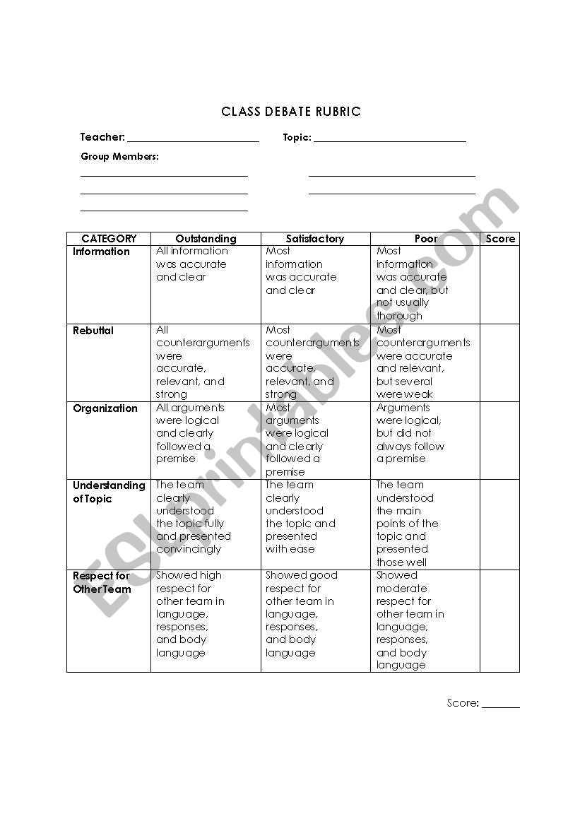 Debate Rubric worksheet