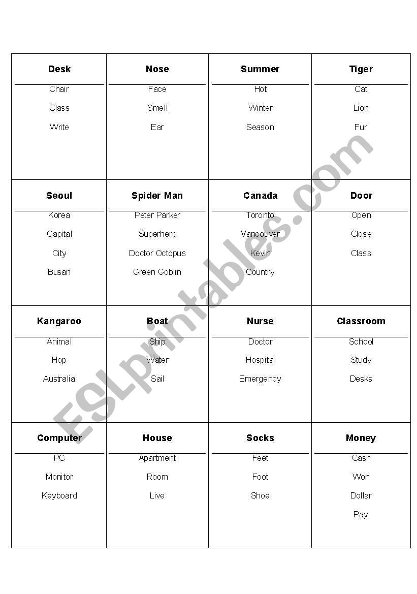 Taboo Cards worksheet