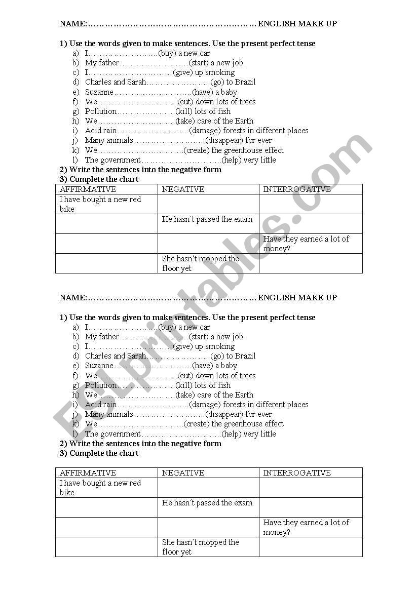 present perfect test worksheet