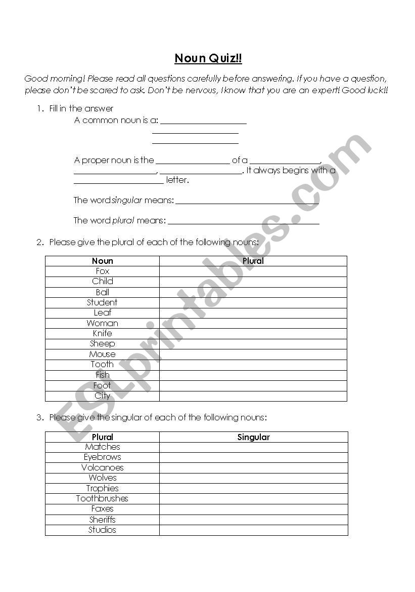Noun Quiz worksheet