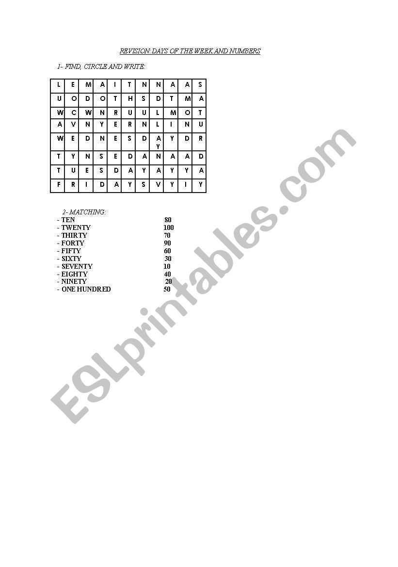 Days of the week and Numbers worksheet