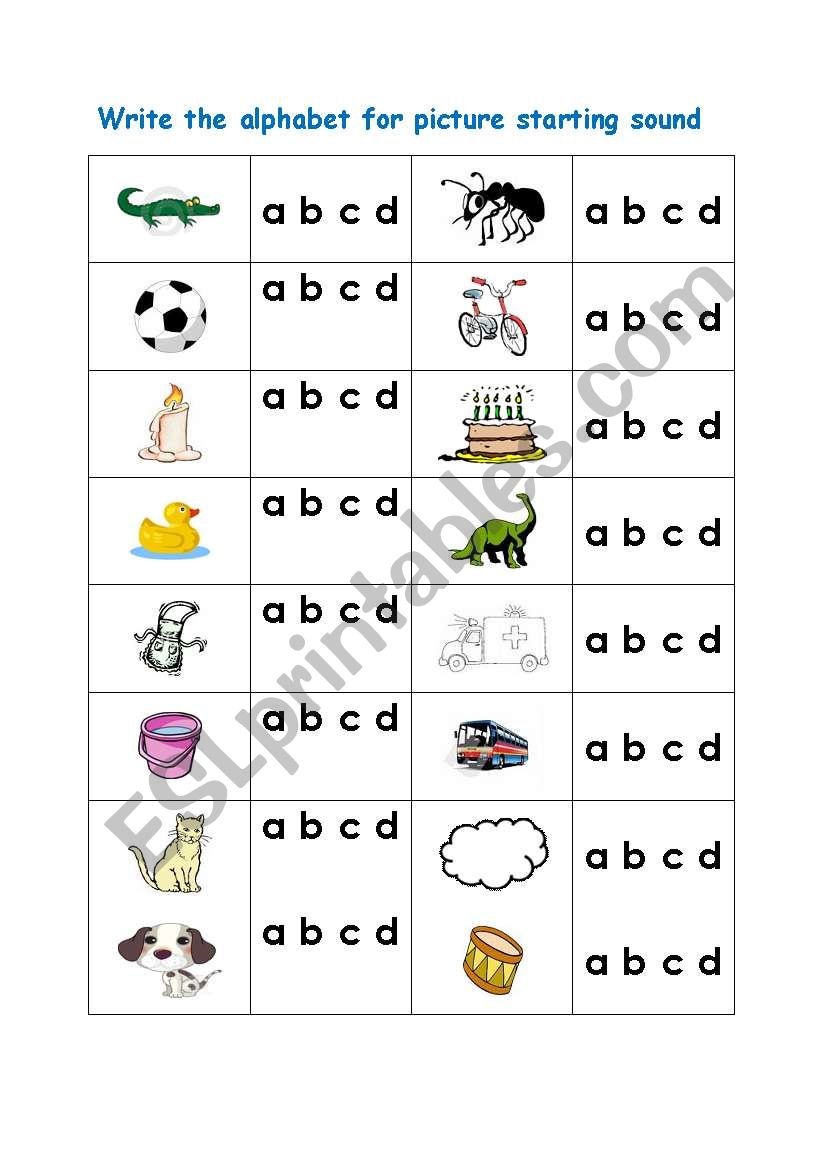 Write the alphabet for picture starting sound (A,B,C,D)