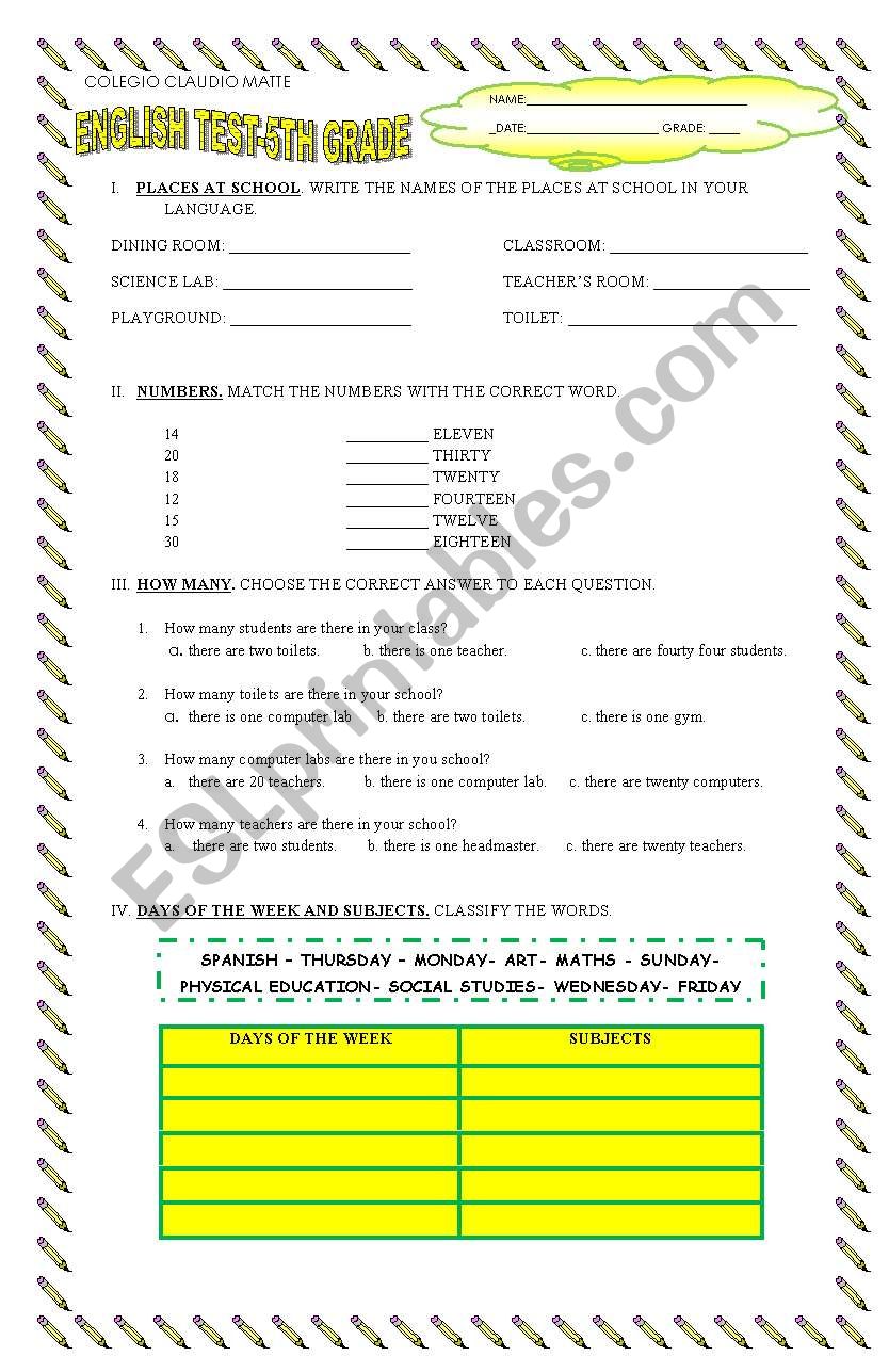 English Test 5th grade  worksheet