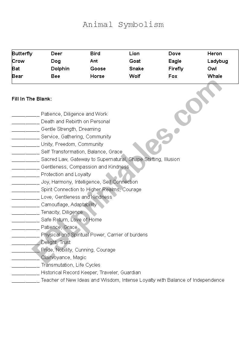 Animal symbolism worksheet