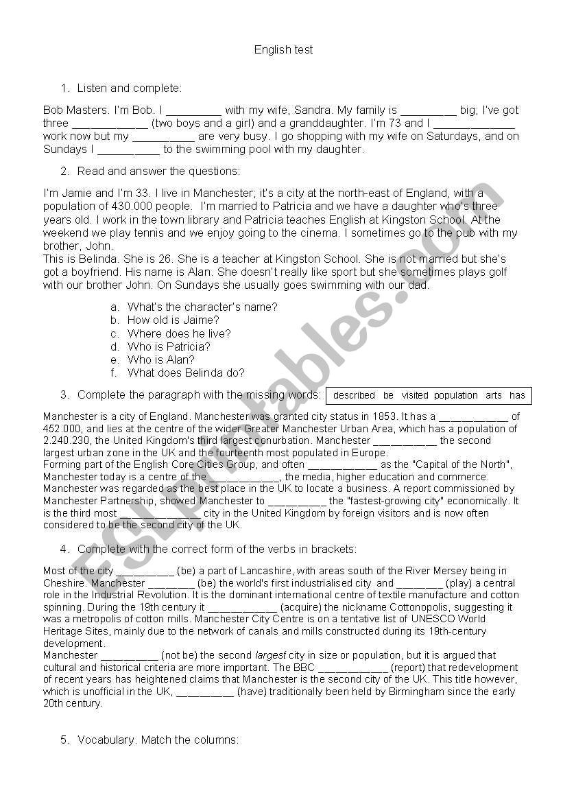 test worksheet