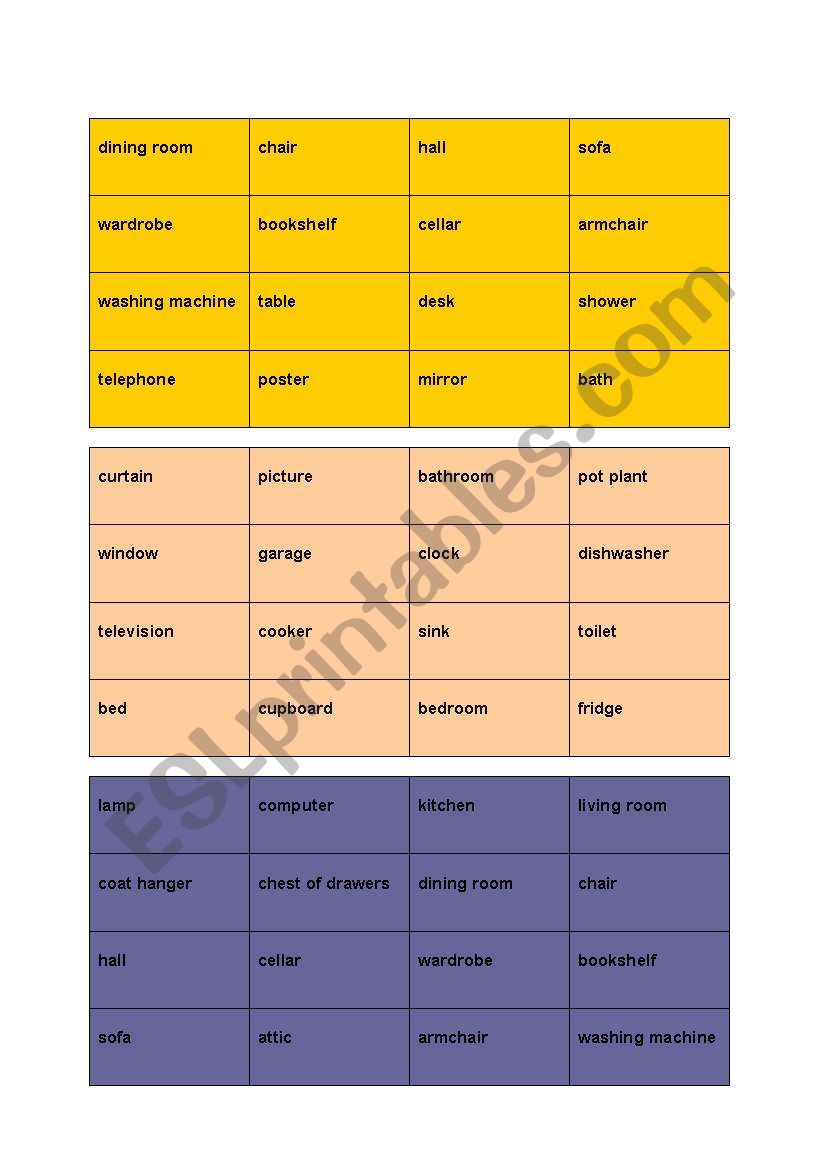 Rooms - Furniture - Bingo worksheet