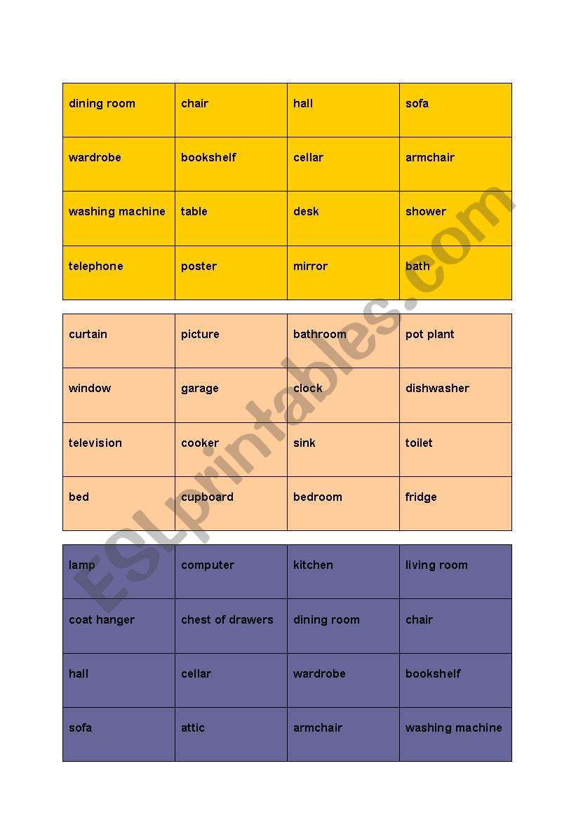 Rooms - Furniture - Bingo worksheet