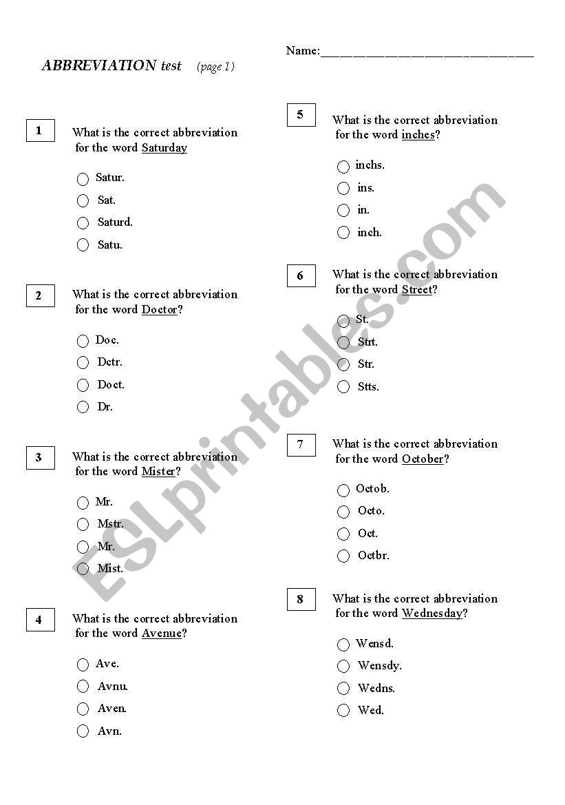 Abbreviations Test worksheet