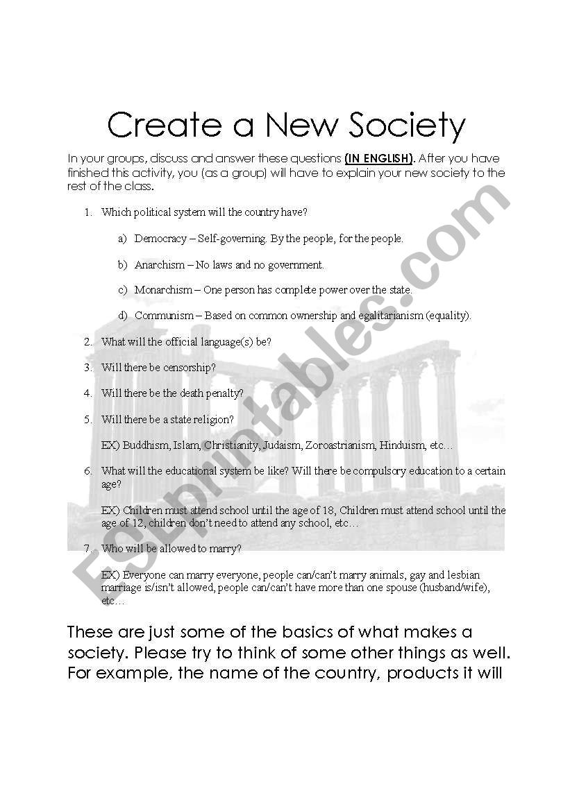 Create a New Society worksheet