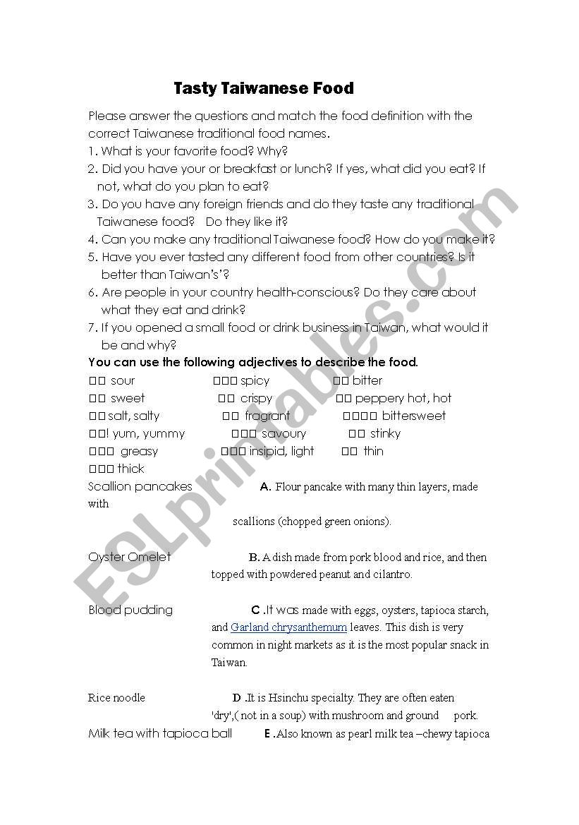 Taiwanese food  worksheet
