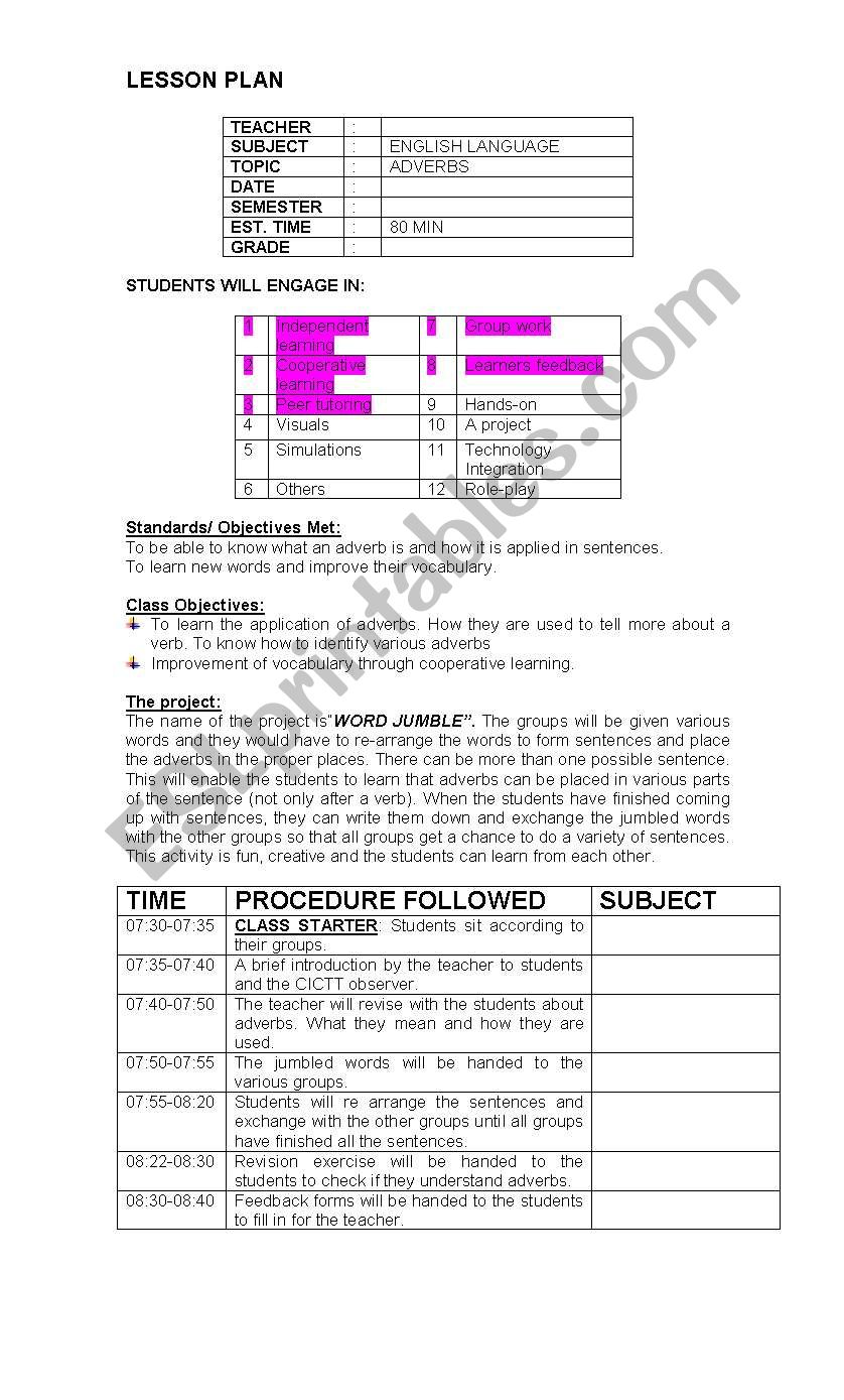 Word Jumble ADVERBS Lesson Plan 