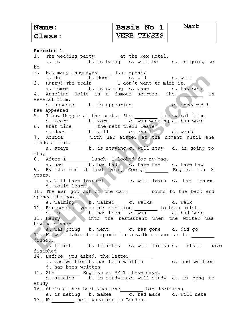 Verb tense exercises with answers