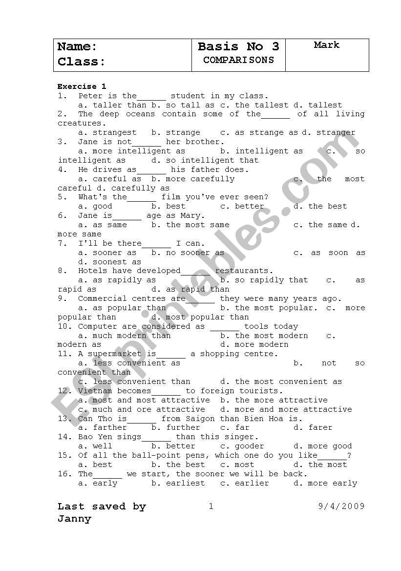 comparison exercises(MCQ) worksheet