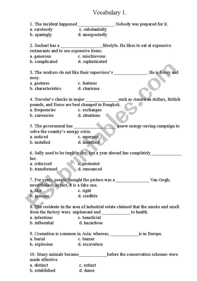 Vocabulary  Test worksheet