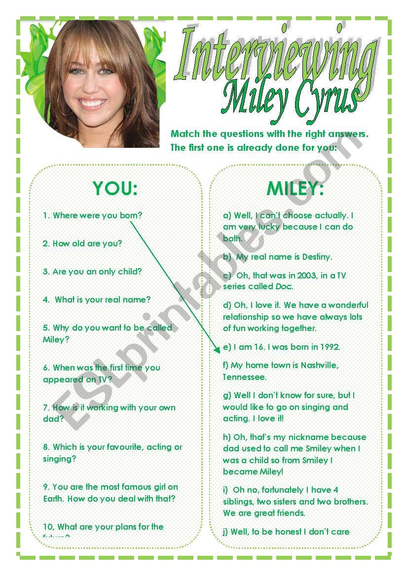 Interviewing Miley Cyrus worksheet