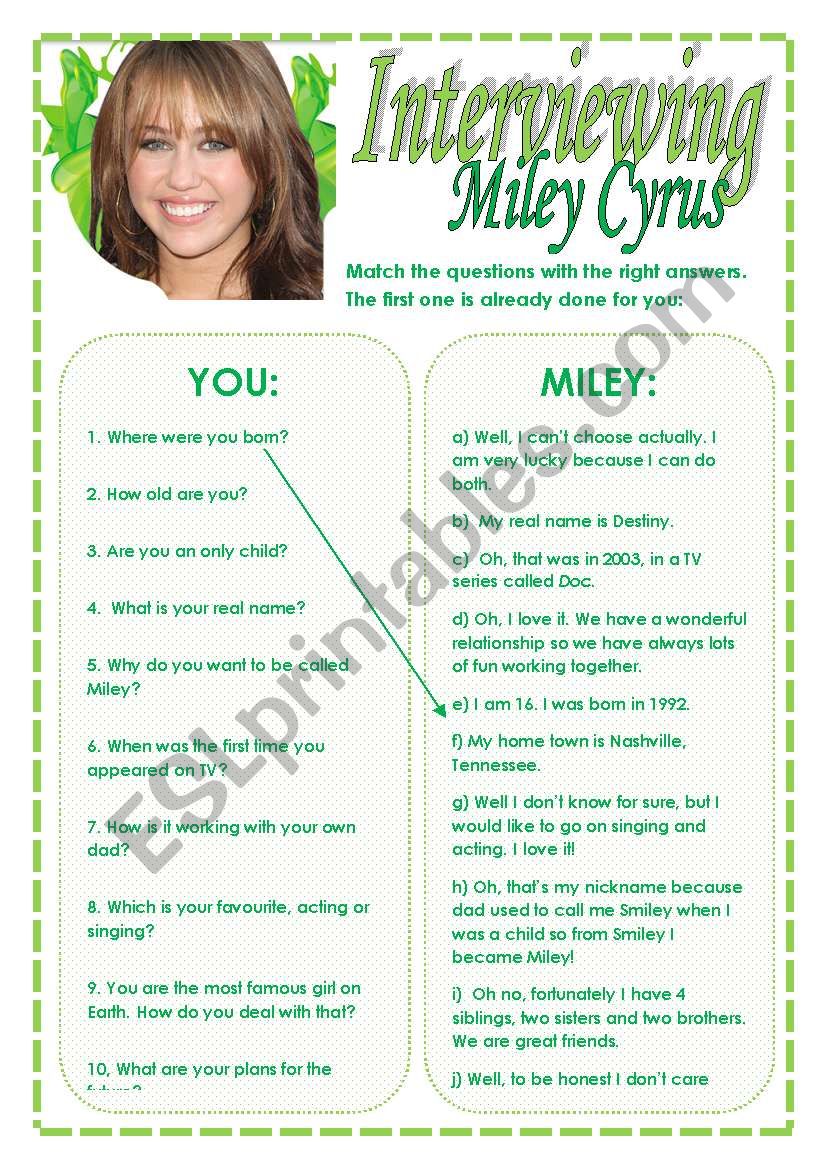 Interviewing Miley Cyrus worksheet