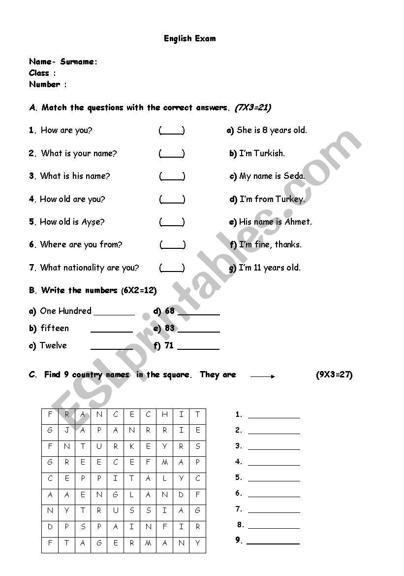 an exam worksheet