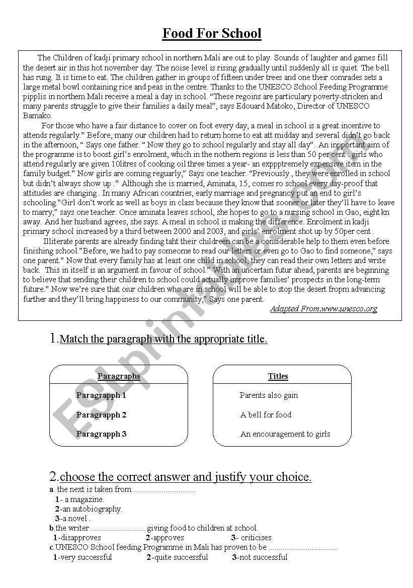 food for school worksheet