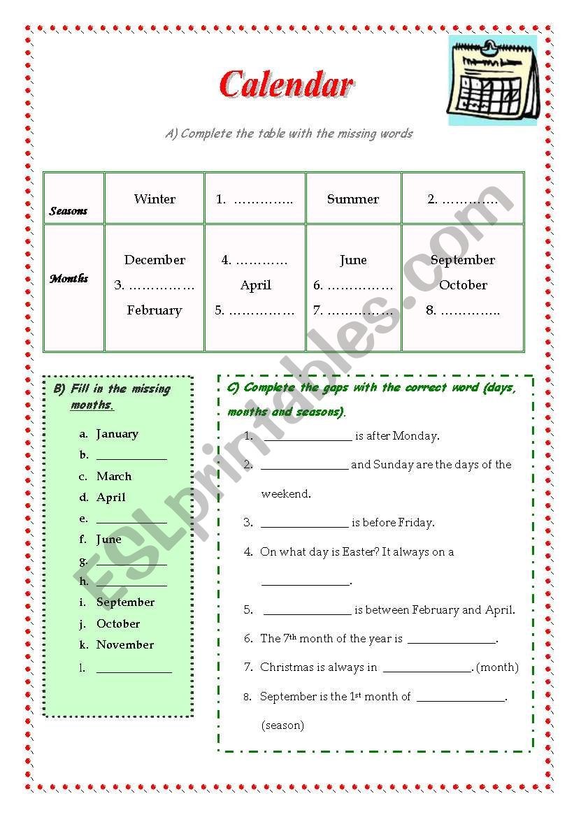 Months, Seasons, Days worksheet