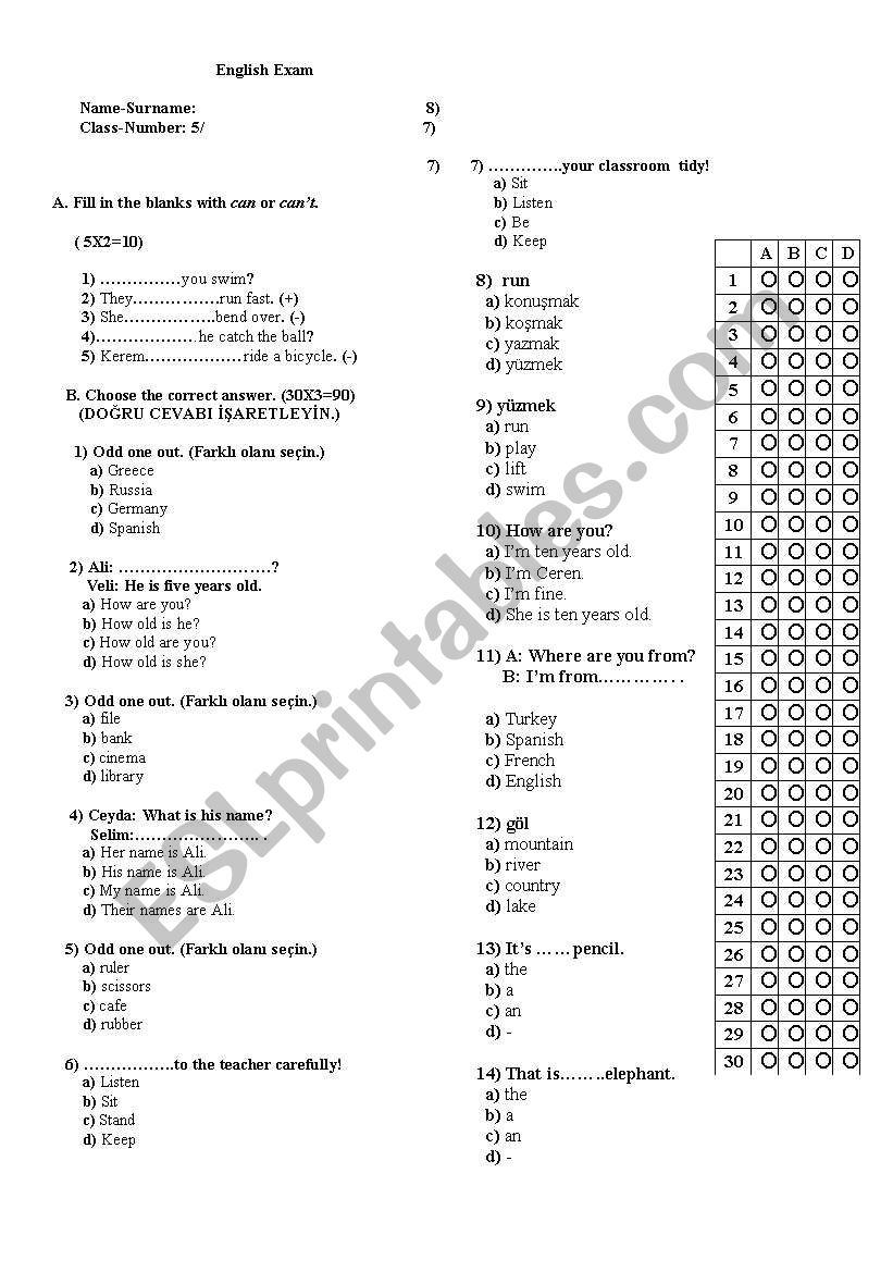 a test worksheet