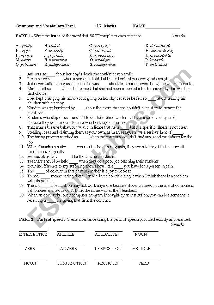 Grammar test - subj-preds, parallellism, sentence structure, vocabulary.doc