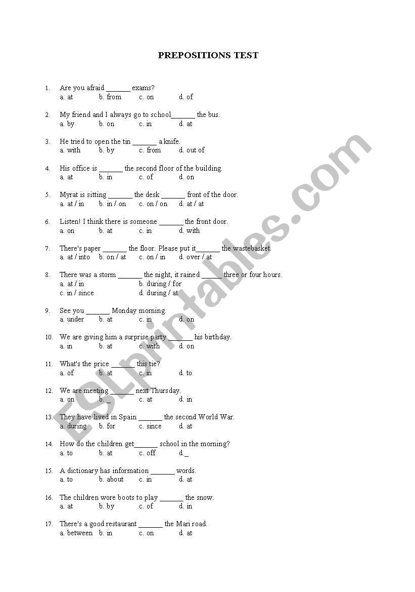 preposition worksheet with 150 questions test