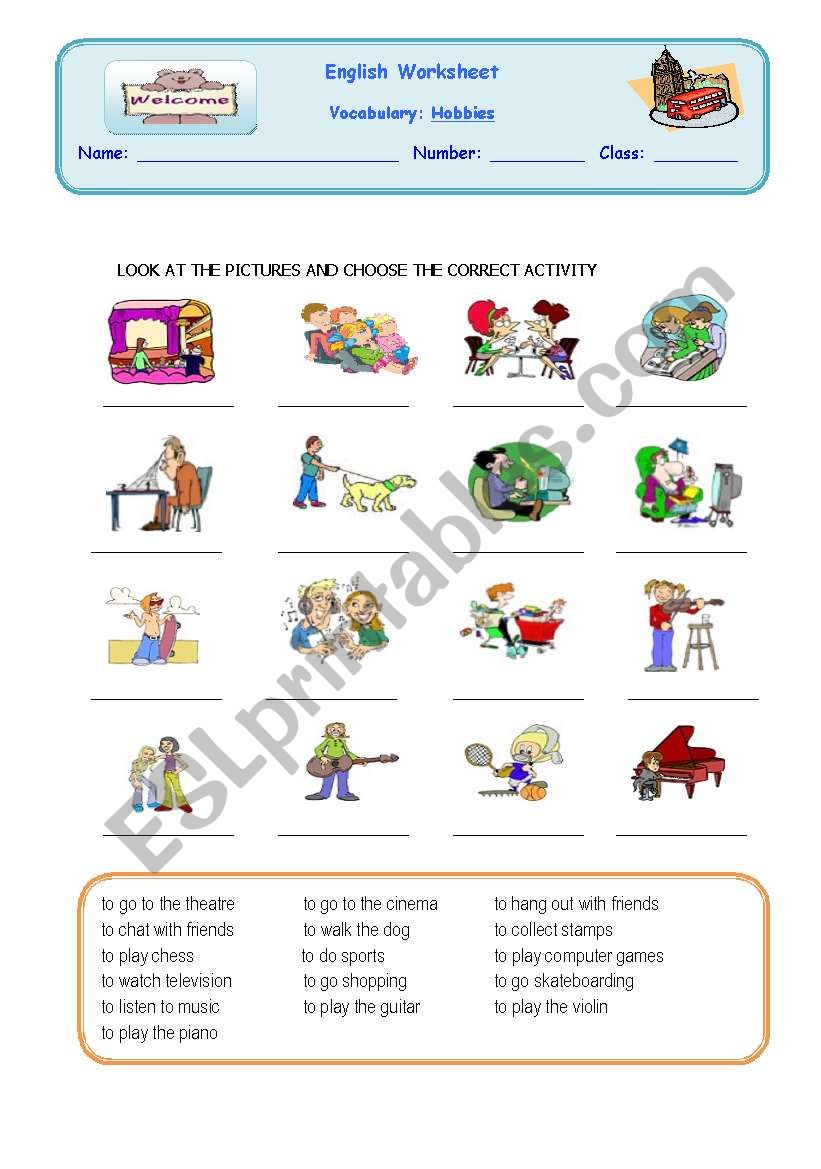 hobbies worksheet