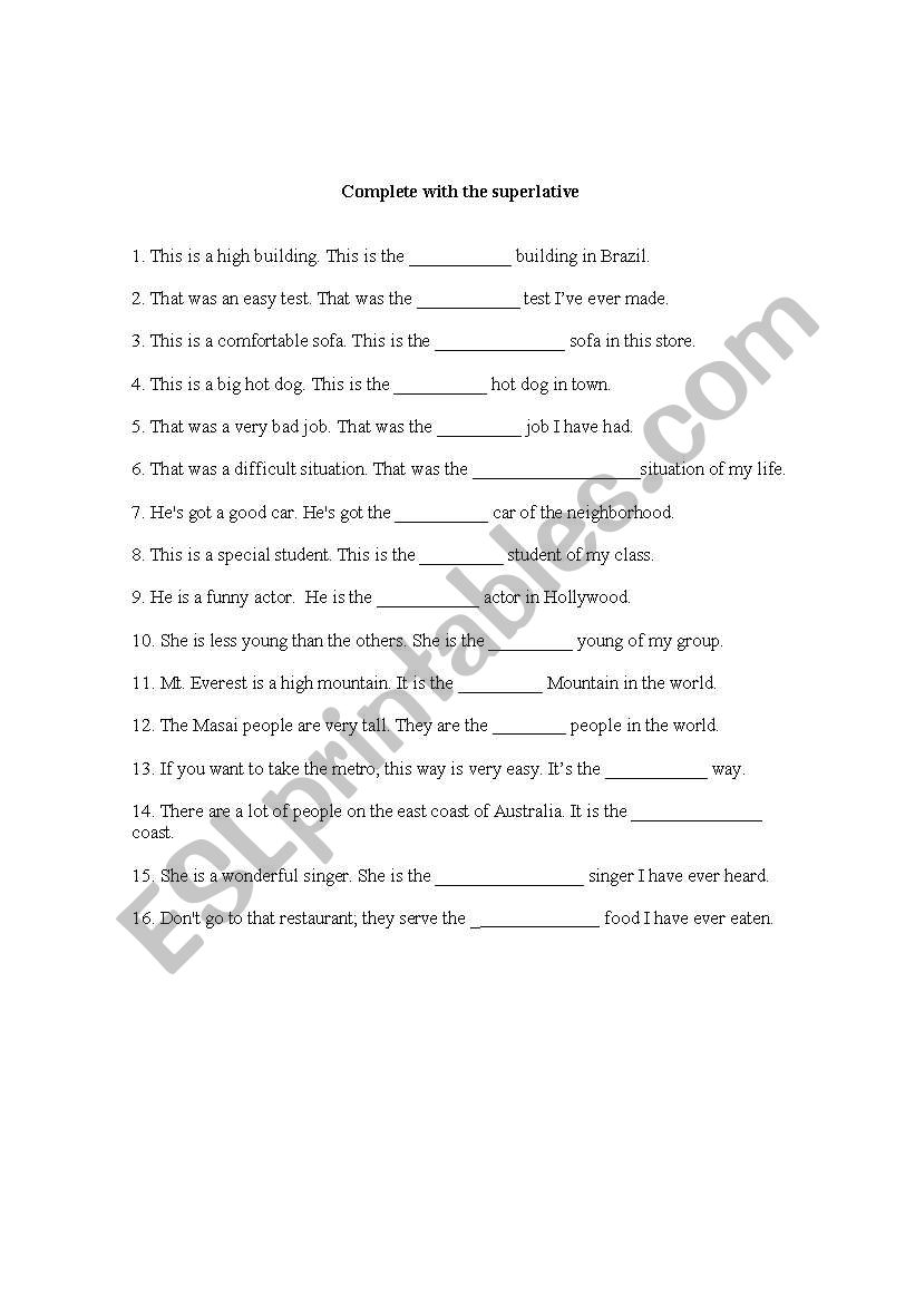 Superlatives worksheet