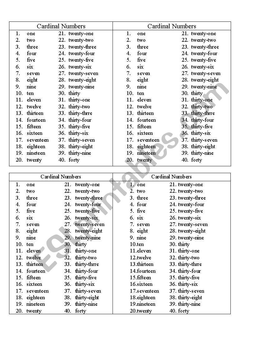 Cardial numers worksheet