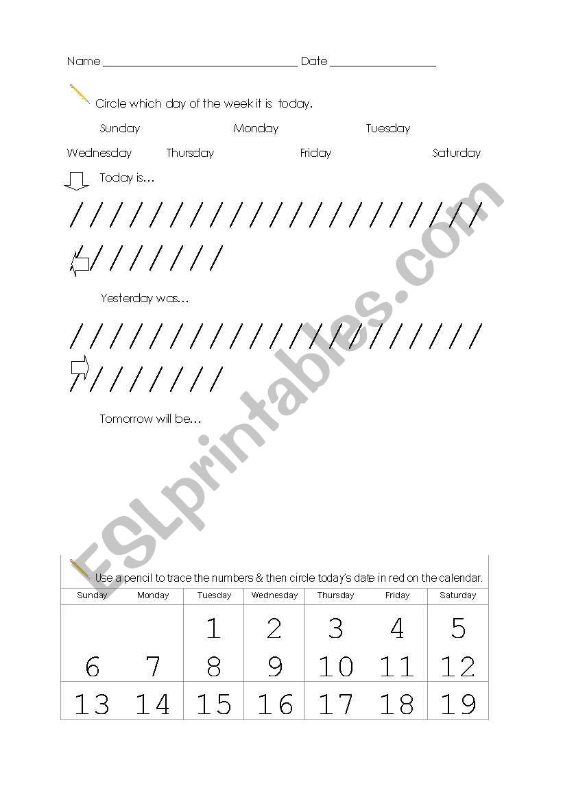 Days of the Week number 1 worksheet