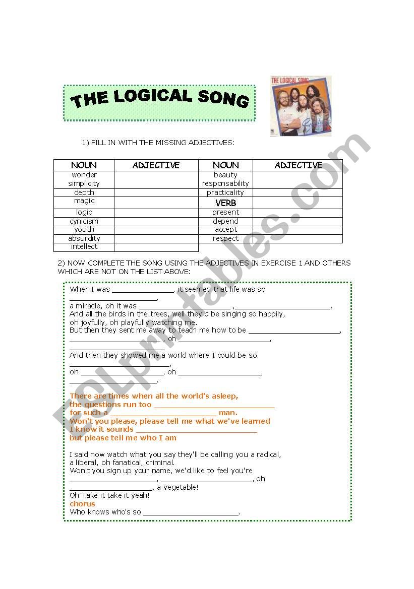 THE LOGICAL SONG - ADJECTIVES PRACTICE - WITH EXERCISE AND ANSWER KEY