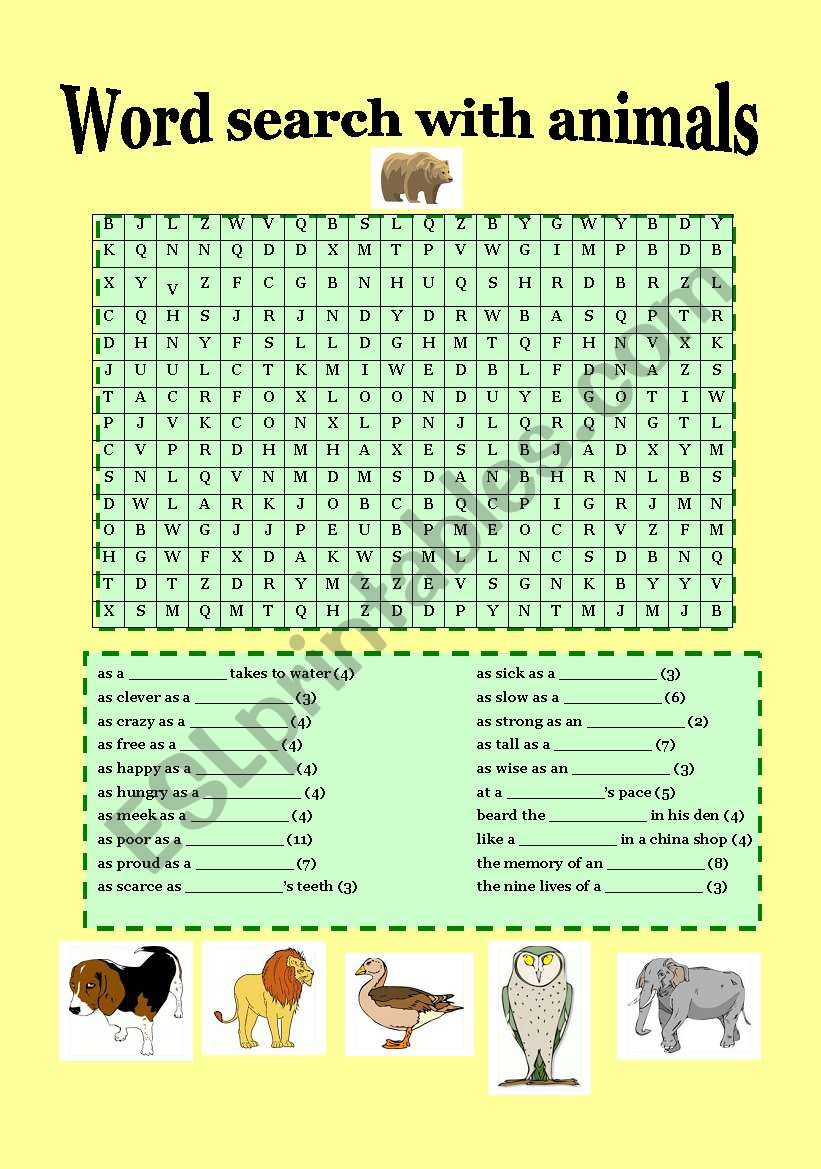 wordseach with animals worksheet