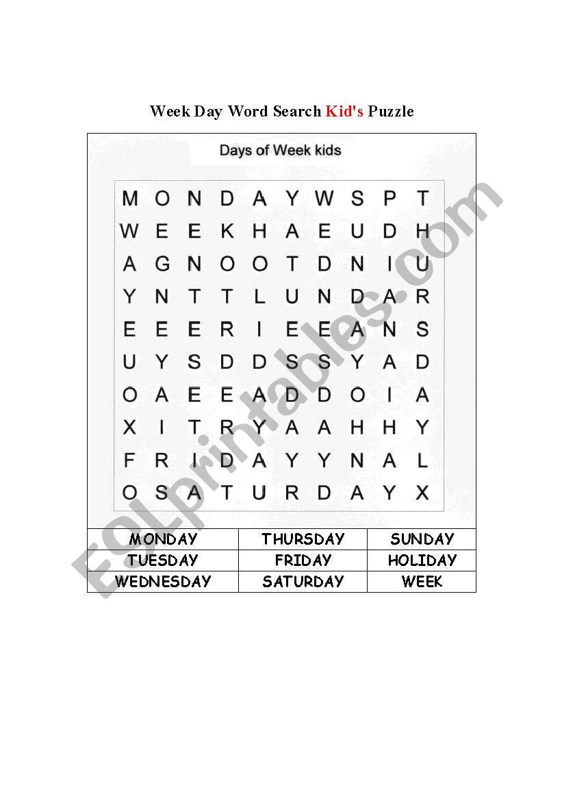 Days of the week word search worksheet