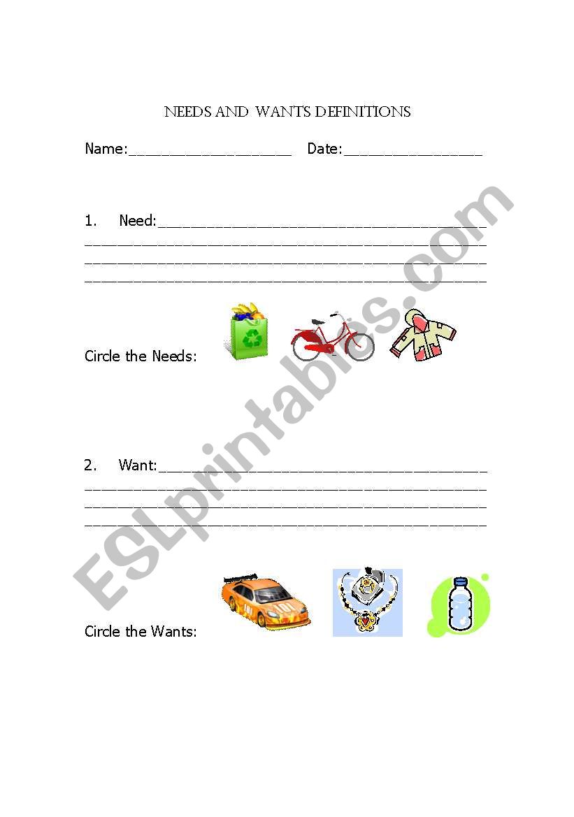 Needs and Wants worksheet