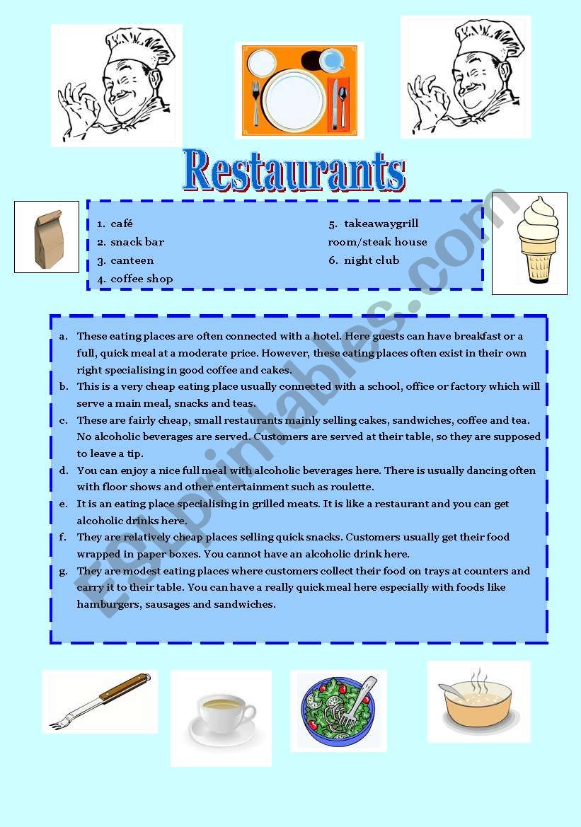Restaurants worksheet