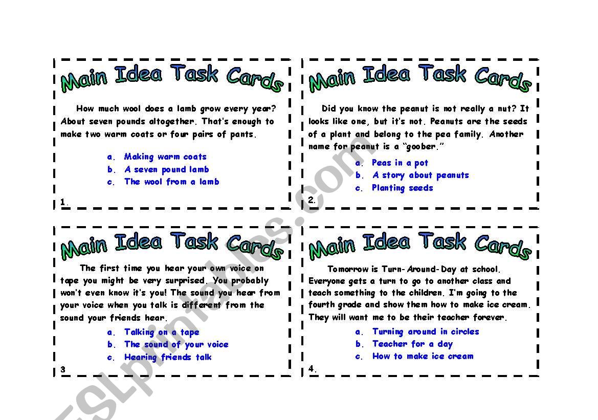 Main Idea cards - ESL worksheet by dreidteacher Pertaining To Main Idea Worksheet 4th Grade