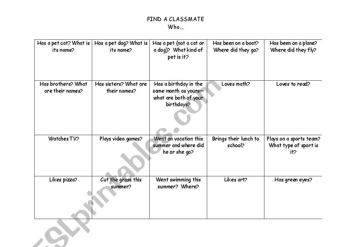 Find a Classmate Who... worksheet