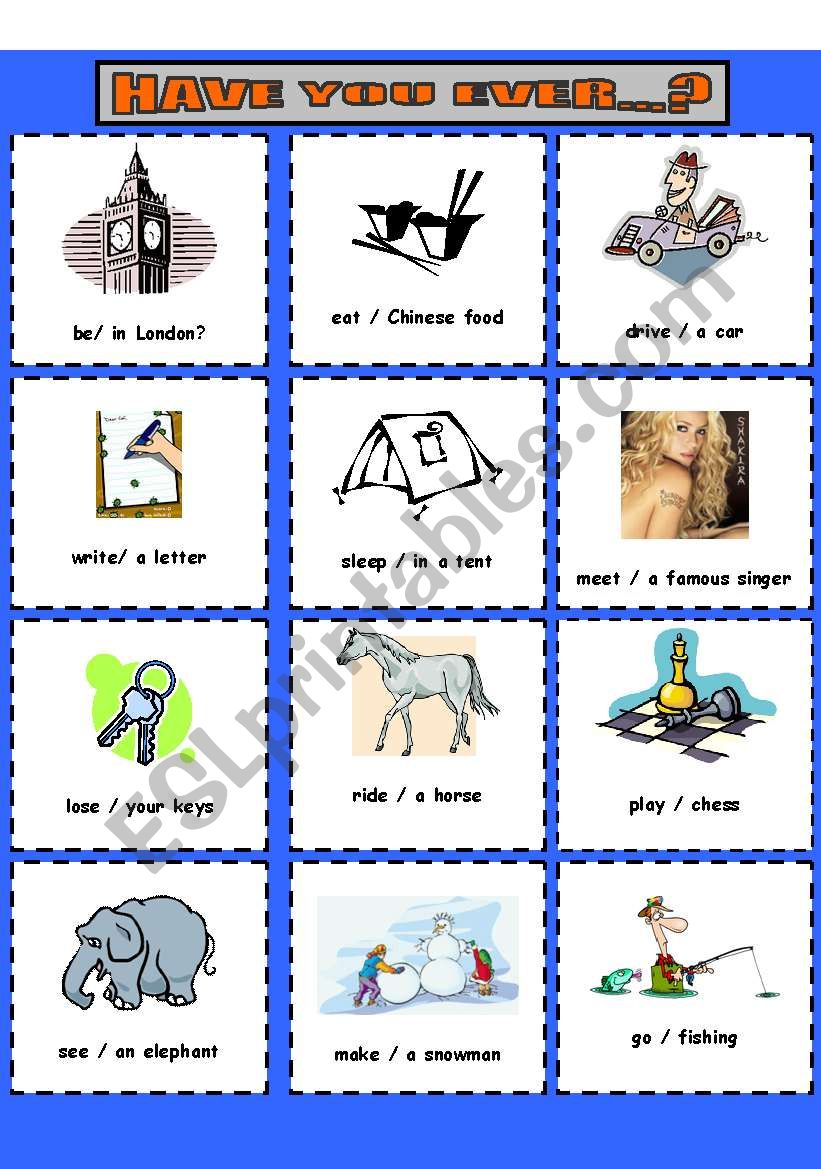 Have you ever...? Set of 12 cards for practicing Present Perfect and speaking