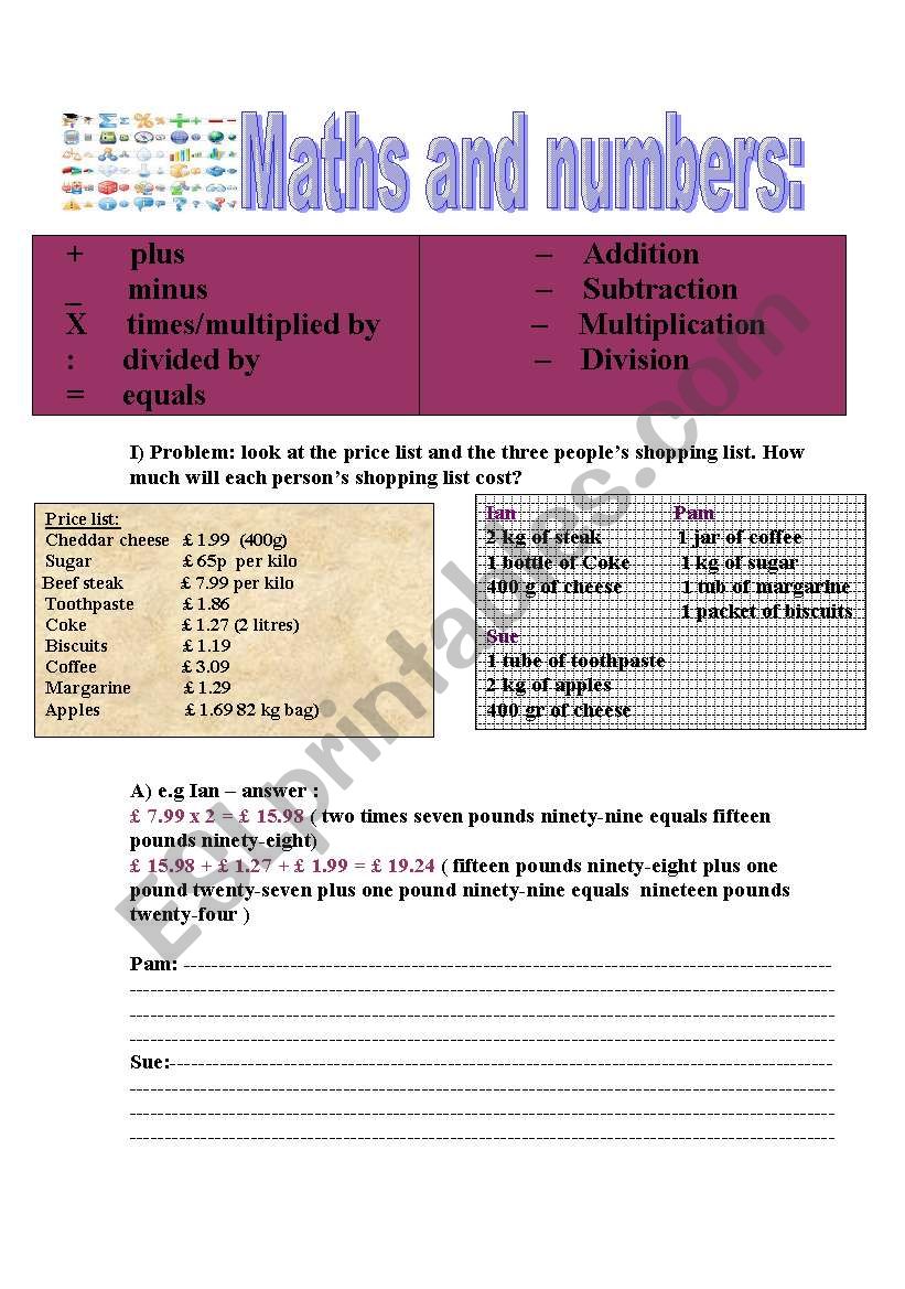 maths and numbers worksheet