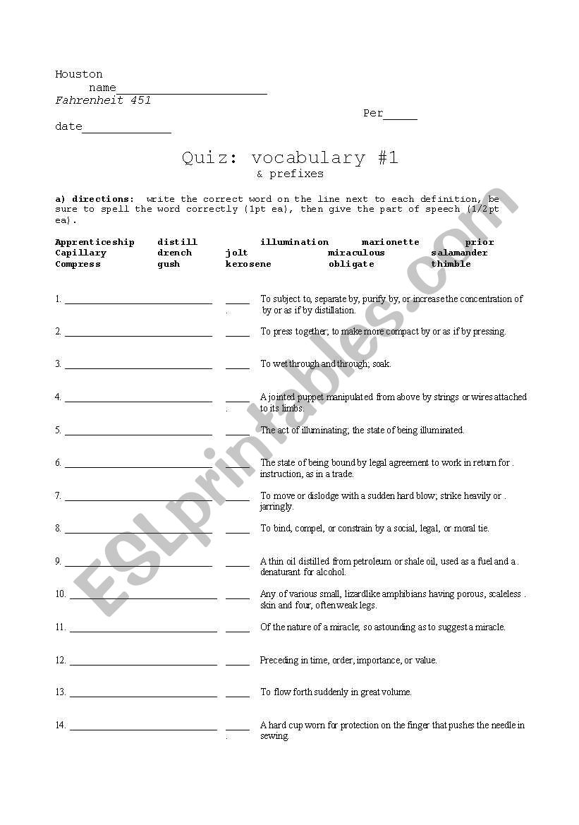 Fahrenheit 451 Vocabulary Quiz #1