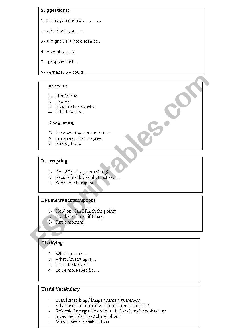 taking part in meetings  worksheet