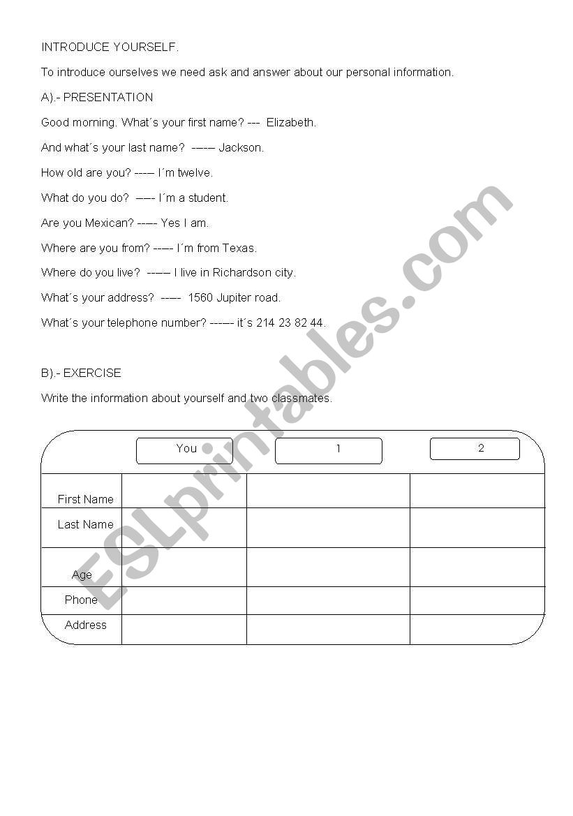 Introduce yourself worksheet