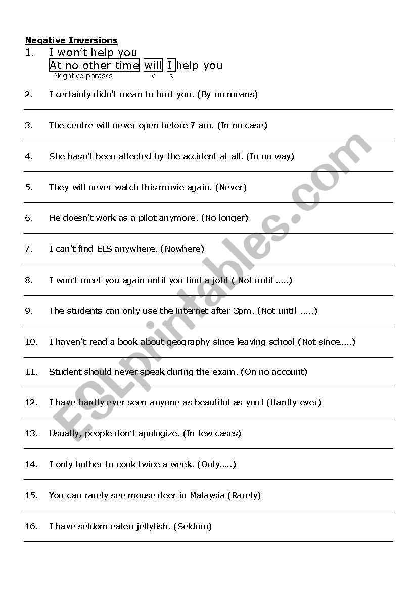 negative inversions worksheet