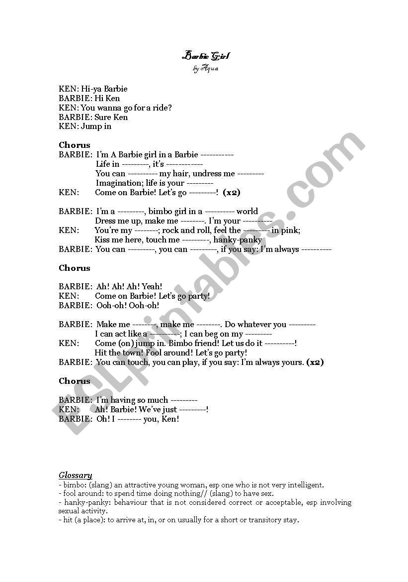 Barbie Girl by Acqua worksheet